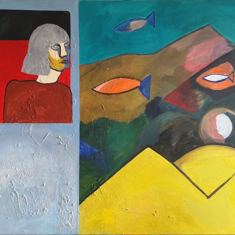 10. Ryby za oknem, akryl, olej na płótnie, 140 x 160, 2025