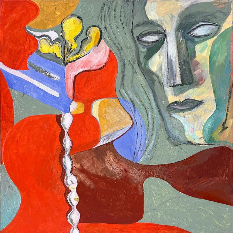 12.Autoportret w ogrodzie, akryl, olej na płótnie, 60 x 60, 2025