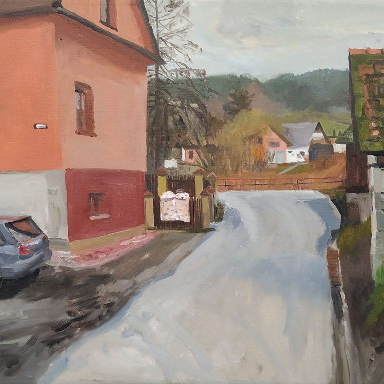Droginia, Audi, pomarańczowy dom, 2025, 55x100 cm, olej, płótno (2)