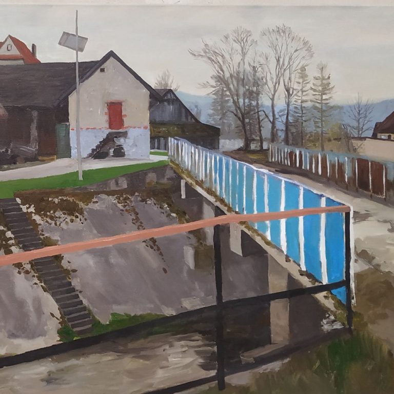 KK Droginia, niebieski most, 2025, 70x160 cm, olej, płótno