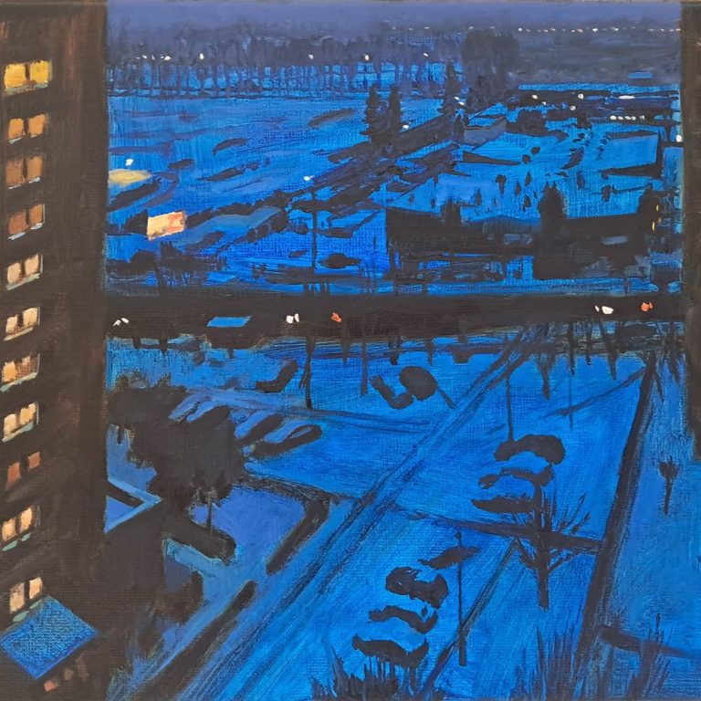 Pachońskiego, widok z okna u mamy, wieczór, 2026, 38x46 cm, olej, płótno