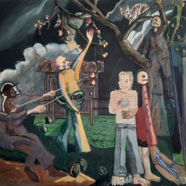 Zbieranie jabłek III, olej, akryl na płótnie, 139 x 157 cm, 2025