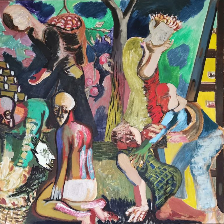 Zbieranie jabłek IX, akryl, olej na płótnie, 110 x 120 cm, 2026