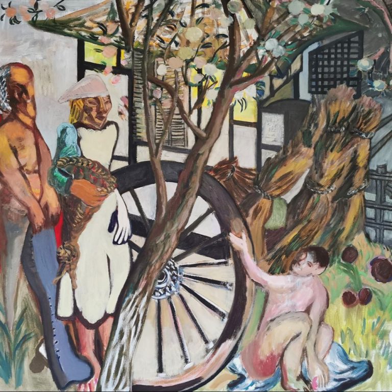 Zbieranie jabłek X , akryl, olej na płótnie, 110 x 120 cm, 2026